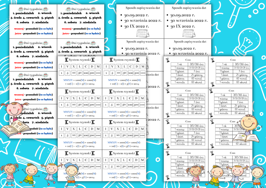 Wklejki do zeszytu - liczby rzymskie, czas, dni tygodnia.