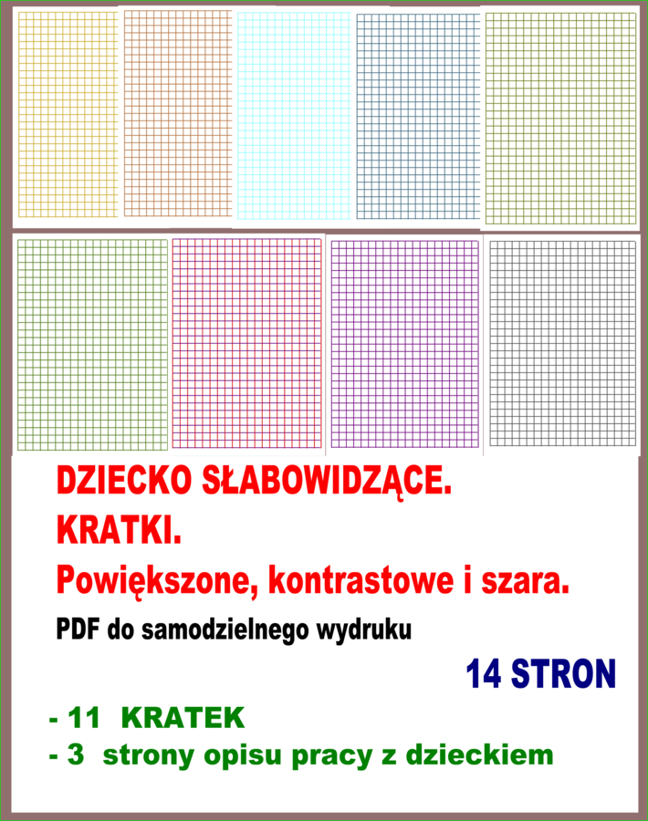 DZIECKO SŁABOWIDZĄCE. KRATKI. Powiększone, kontrastowe i szara. PDF do samodzielnego wydruku.
