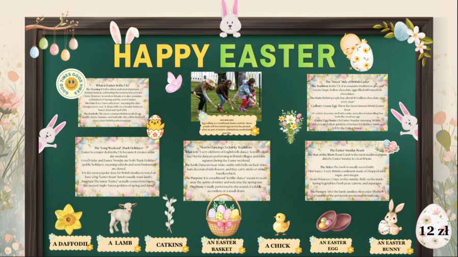 Happy Easter  kolorowa i edukacyjna gazetka po angielsku| Łatwa w przygotowaniu| 40 stron do druku w formacie A4| Idealna jako wiosenna  ozdoba klasy lub korytarza