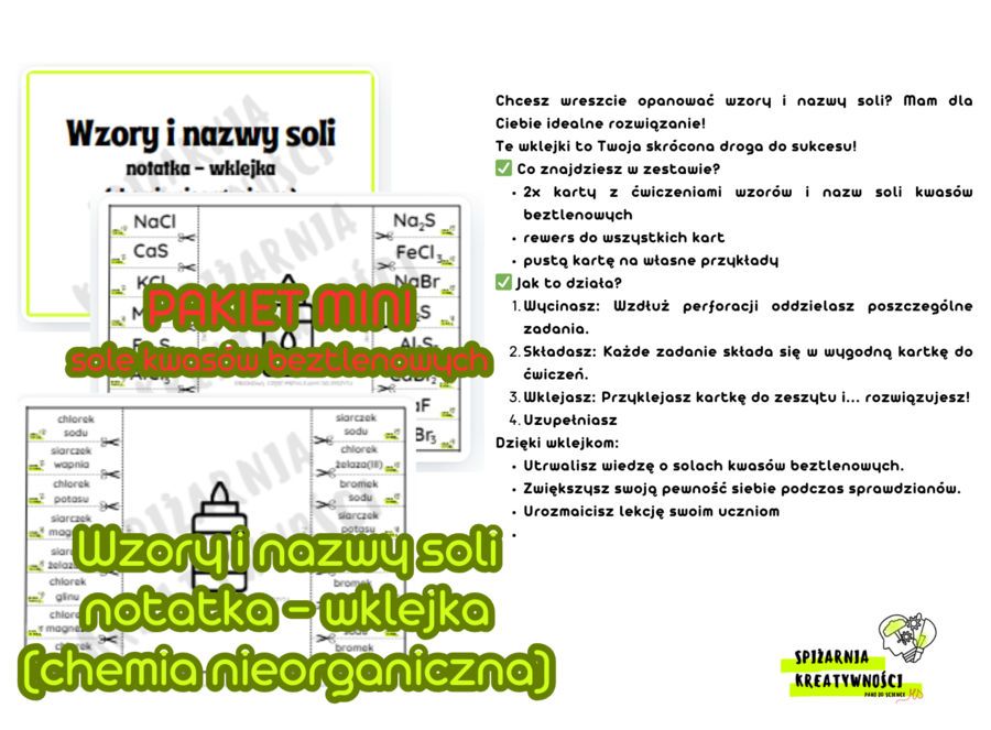 Wzory i nazwy soli notatka wklejka PAKIET MINI sole kwasów beztlenowych