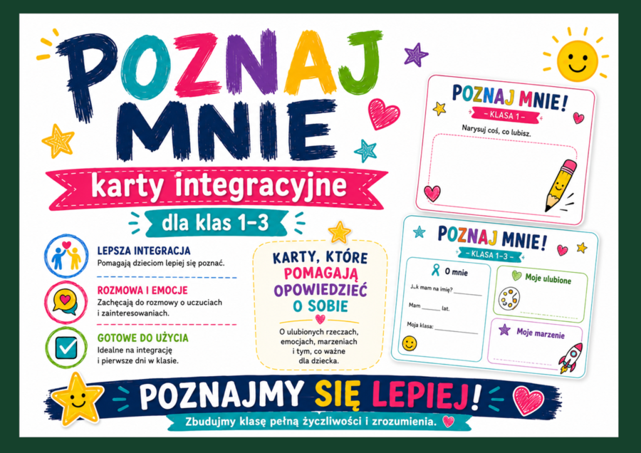 💛 POZNAJ MNIE – karty integracyjne dla klas 1–3