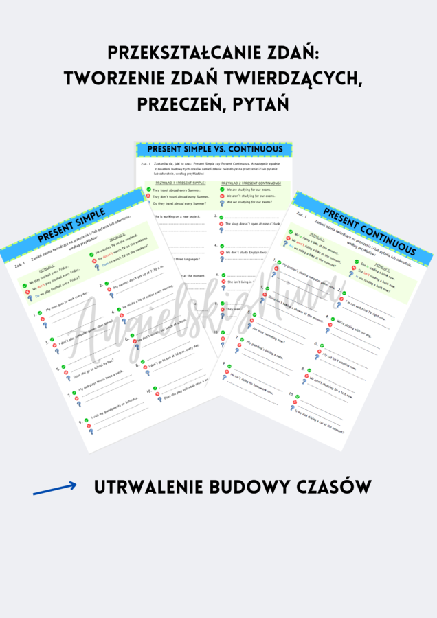 MEGA ZESTAW: Present Simple vs. Present Continuous - porównanie - czasy teraźniejsze - E8 - matura - wklejki = karty pracy - ćwiczenia - zadania - kartkówki - 3 zestawy speaking cards - mówienie - gry na Wordwall