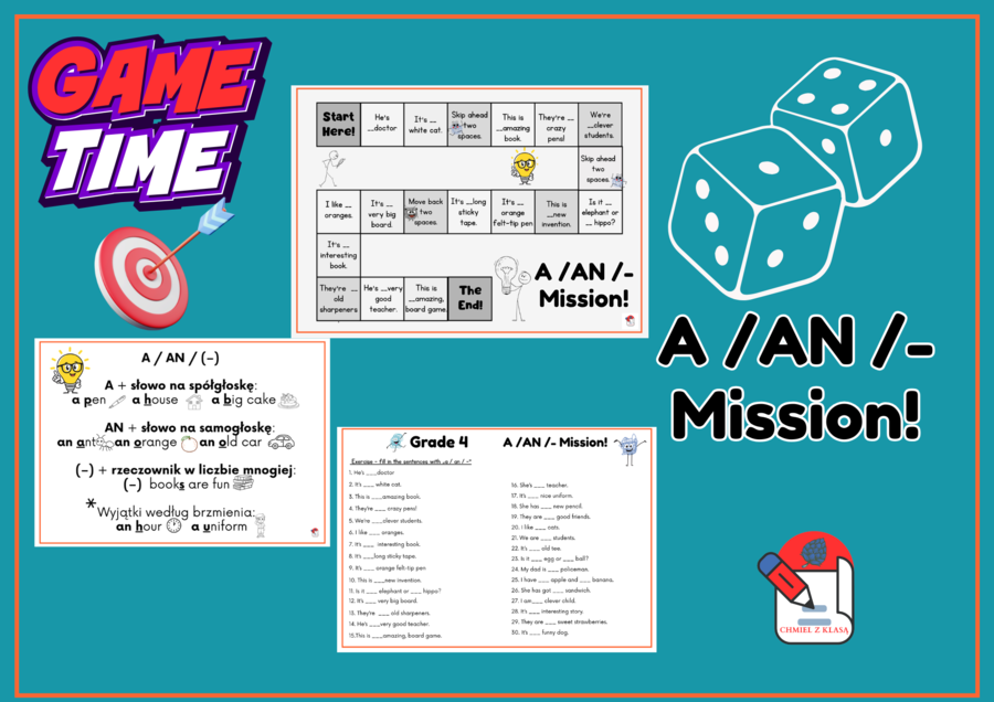A/ AN/ - MISSION! - GRA- WKLEJKA- ĆWICZENIE (30 zdań)