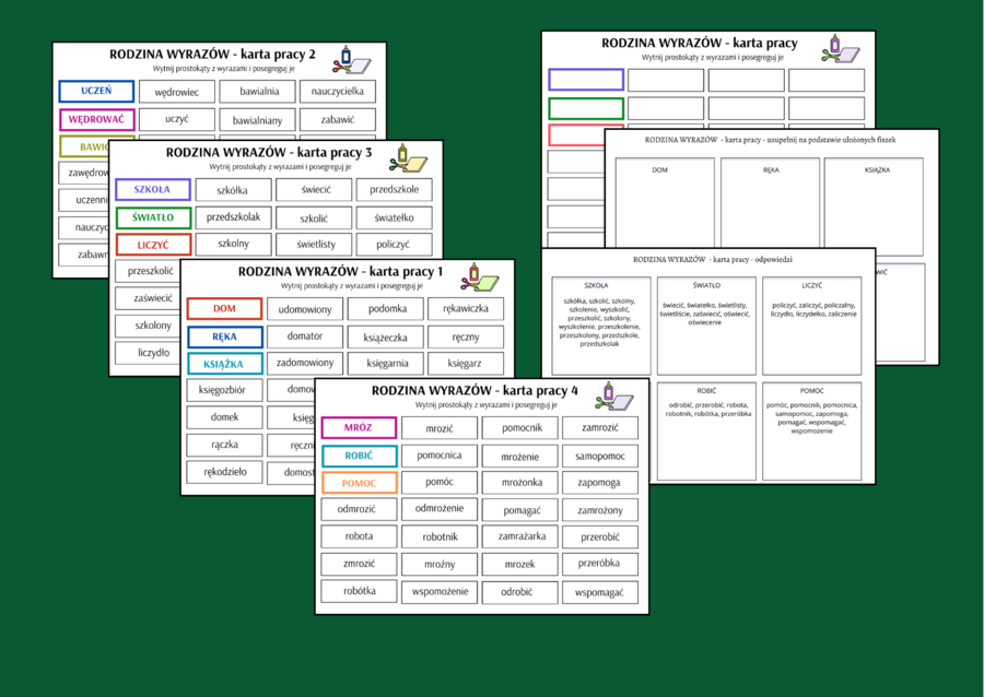 SŁOWOTWÓRSTWO - rodzina wyrazów - karta pracy – fiszki – egzamin – powtórka + odpowiedzi