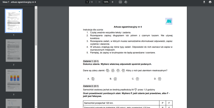 Arkusz egzaminacyjny nr 4 - klasa 7