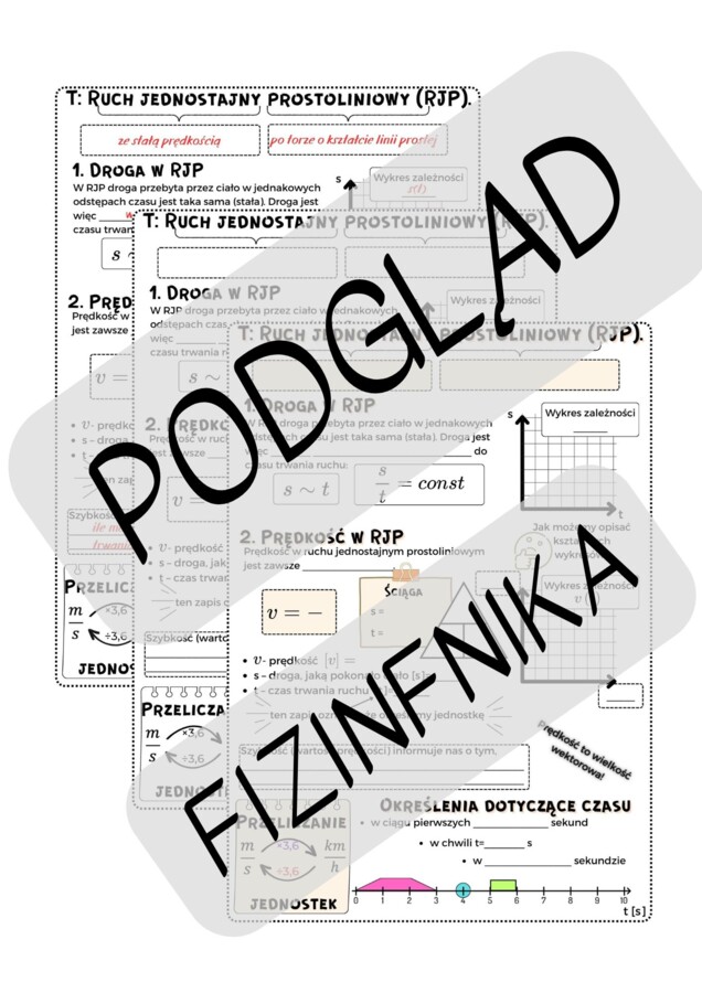 Ruch jednostajny prostoliniowy - A5 notatka/karta pracy/wklejka - kinematyka