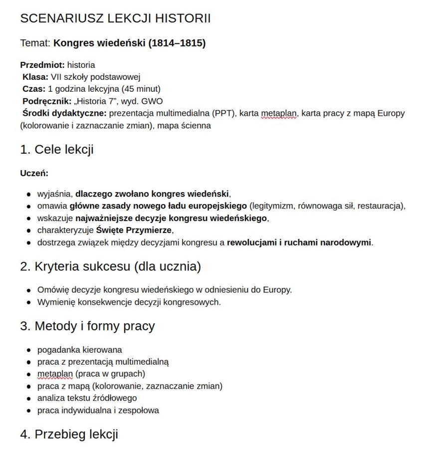H701 scenariusz lekcji Kongres wiedeński
