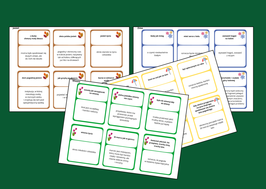 PORY ROKU - jesień - zima - wiosna - lato - frazeologizmy – ZWIĄZKI FRAZEOLOGICZNE – fiszki – 24 szt. kl. 4-8 – egzamin – powtórzenie- ćwiczenia