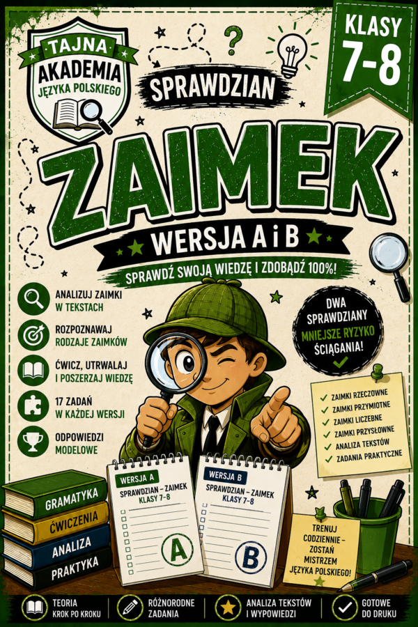 Zaimek – sprawdziany kl. 7–8 | wersja A i B + odpowiedzi modelowe