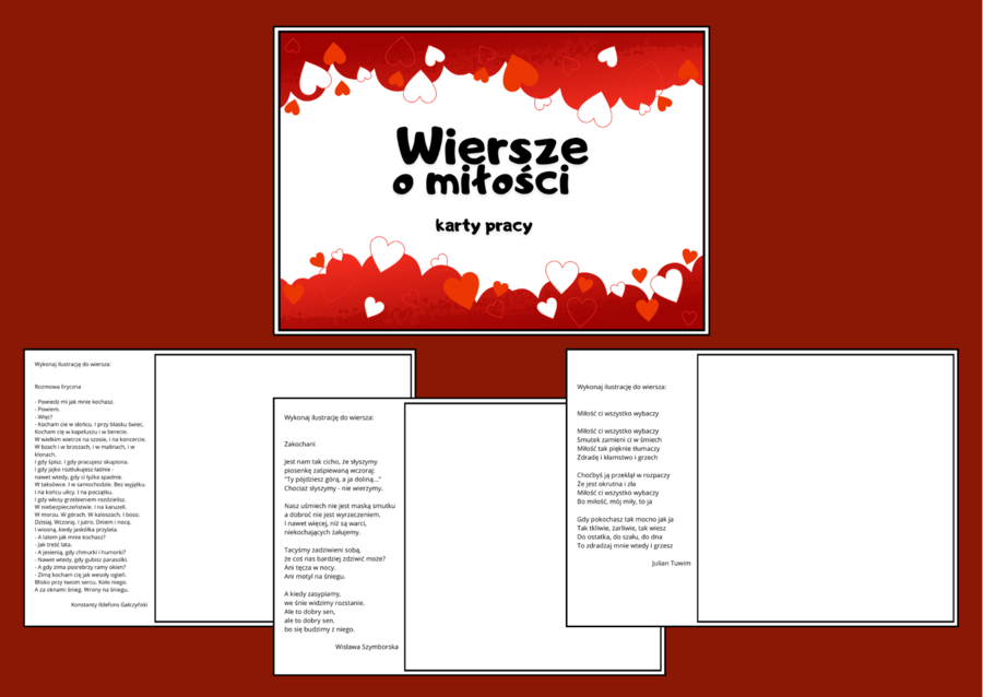 WALENTYNKI – WIERSZE o miłości - Dzień Kobiet - karty pracy – karta pracy – biblioteka – świetlica