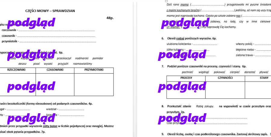 Czasownik, rzeczownik, przymiotnik - sprawdzian dla kl. 4, 5