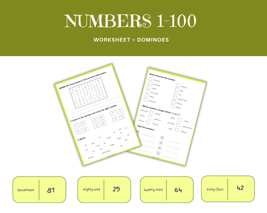 Numbers 1-100 Worksheet - liczby 1-100 po angielsku, karty pracy, ćwiczenia. Dodatkowo gra domino