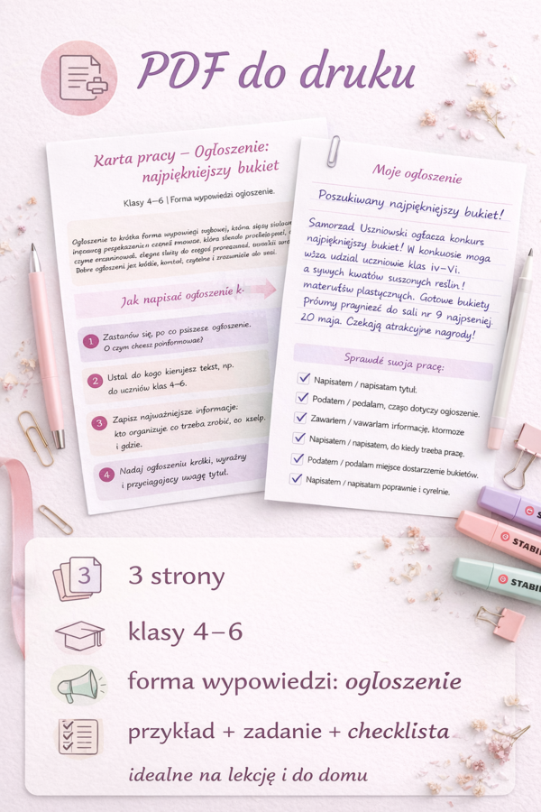 Ogłoszenie: poszukiwany najpiękniejszy bukiet [Karta pracy]