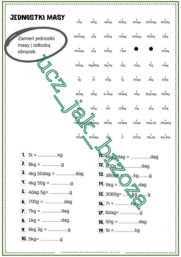 Jednostki masy, kodowanie, karta pracy, klasa 4