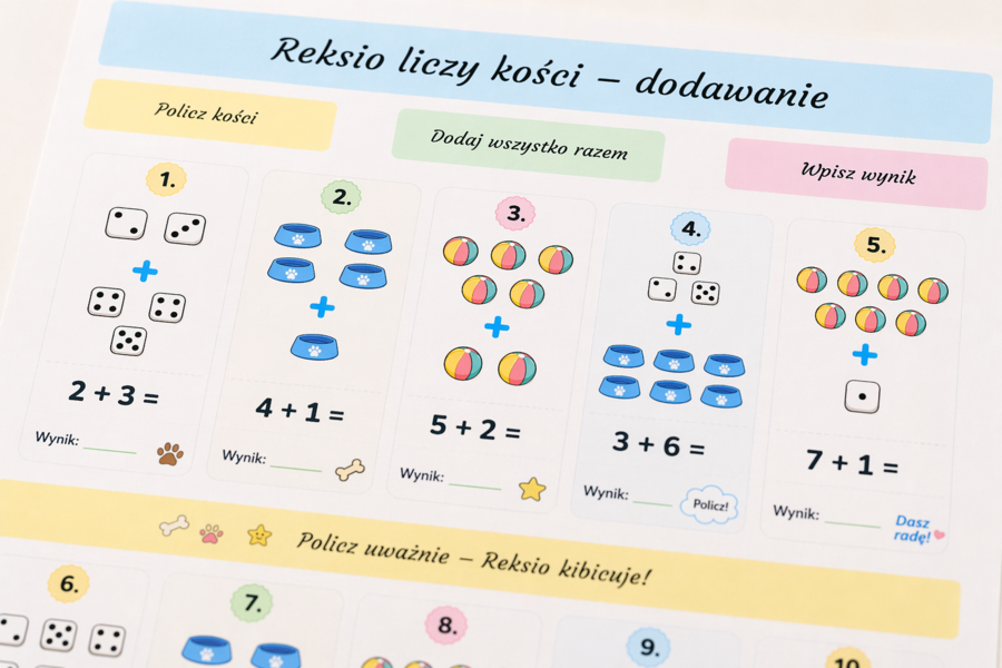 Reksio liczy kości – karta matematyczna