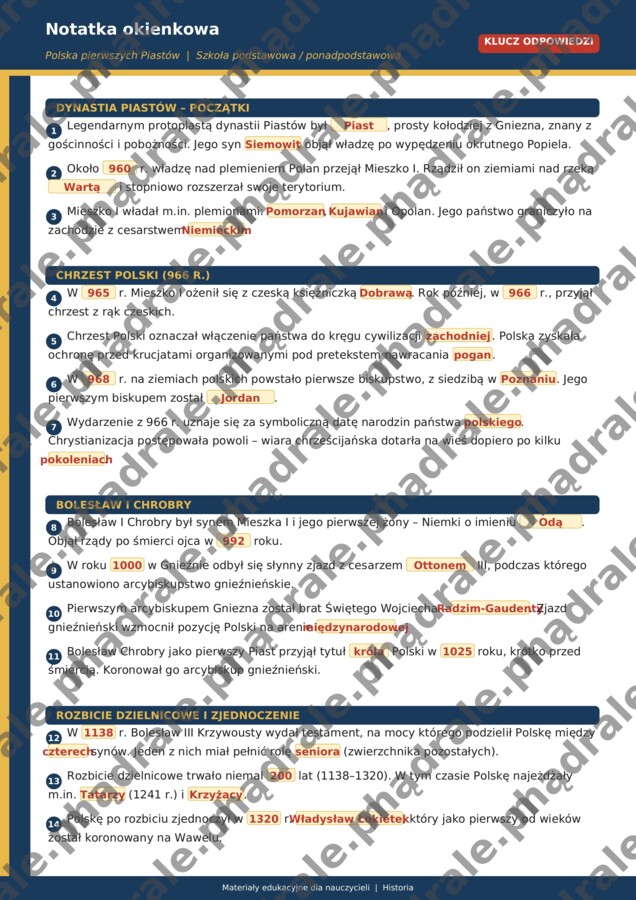NOTATKA OKIENKOWA - POLSKA PIERWSZYCH PIASTÓW + KLUCZ ODPOWIEDZI