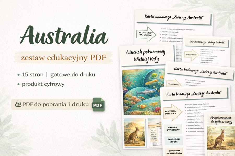 Karta badacza "Zwierzę Australii".  Łańcuch pokarmowy Wielkiej Rafy Koralowej.  Przystosowania do życia w suszy. [GEOGRAFIA]