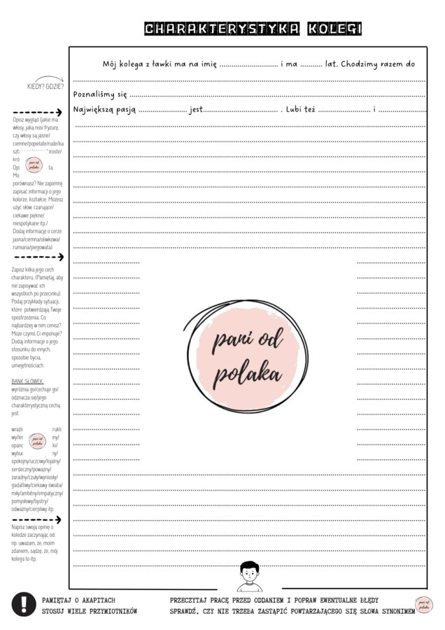 Charakterystyka koleżanki lub kolegi z ławki - karta pracy ze wskazówkami