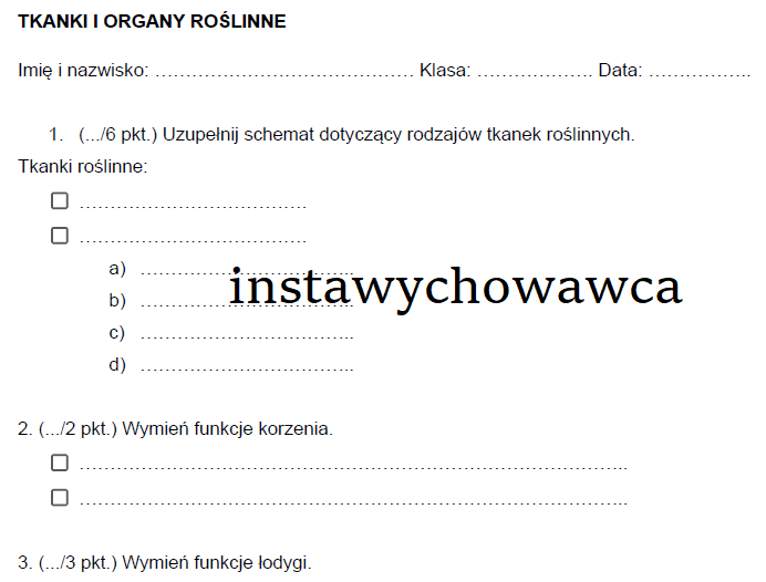 tkanki i organy roślinne - sprawdzian