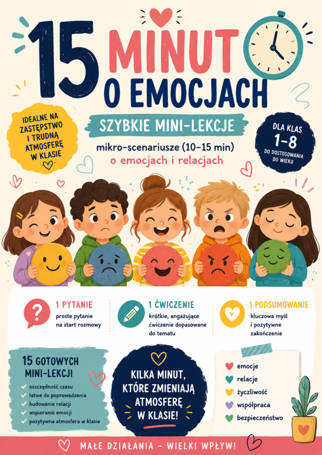 Mini-lekcje o emocjach i relacjach TUS – 15 gotowych scenariuszy dla klas 1–8