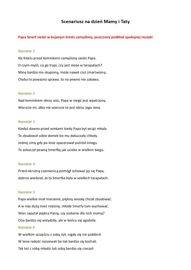 Scenariusz przedstawienia Smerfy w poszukiwaniu Smerfnej Mamy