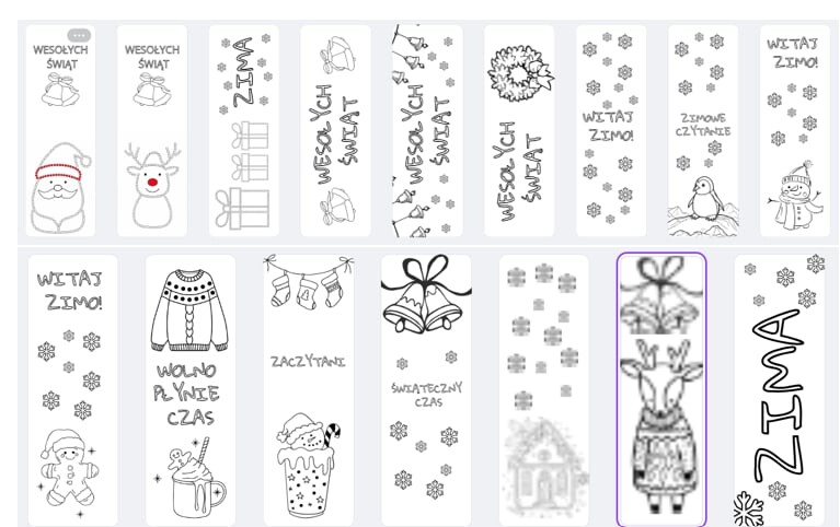 Zimowe i świąteczne zakładki do książek do pokolorowania