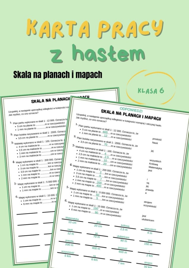 Skala na planach i mapach, klasa 6, karta pracy z hasłem
