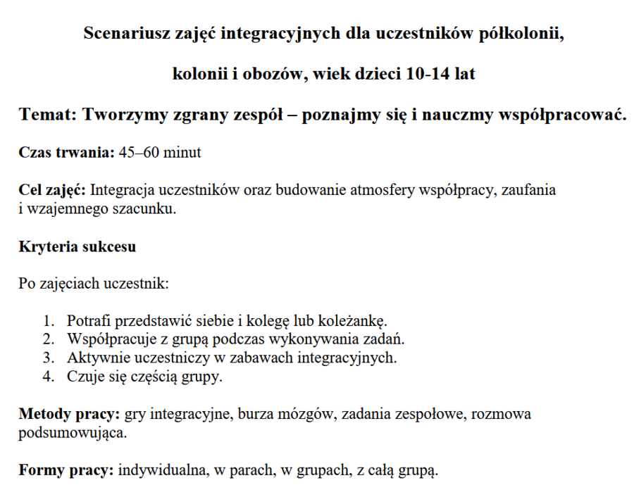 Scenariusz zajęć integracyjnych dla uczestników półkolonii, kolonii i obozów, 10-13 lat