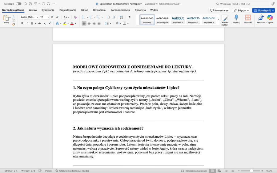 Władysław Reymont "Chłopi" - sprawdzian wiadomości z kluczem