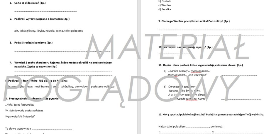 "Zemsta" - karta kontrolna/sprawdzian wiadomości