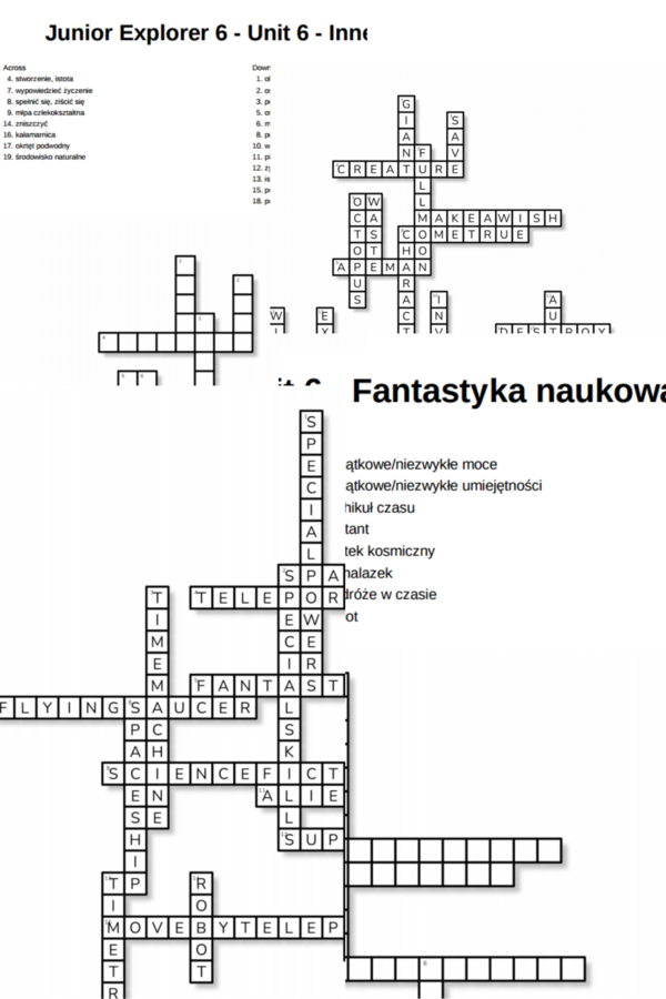 Junior Explorer 6 – Unit 6 – krzyżówki – Kosmos/Fantastyka naukowa/Inne słówka
