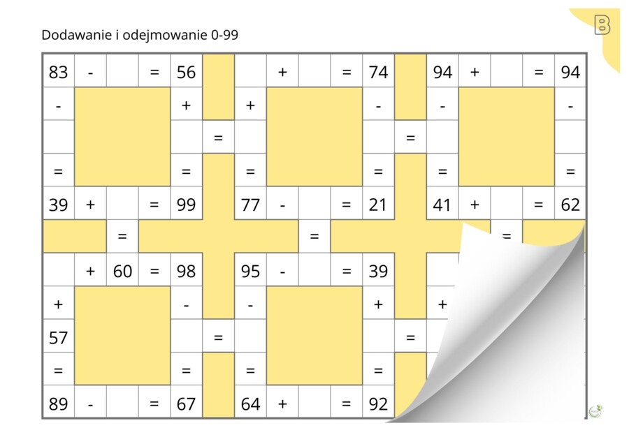 Liczby niewiadome w matematycznych krzyżówkach, dodawanie i odejmowanie w zakresie 0-99