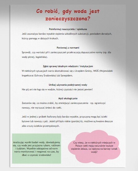 Badanie wody z okolicznej rzeki lub jeziora (pH, zawartość związków chemicznych).