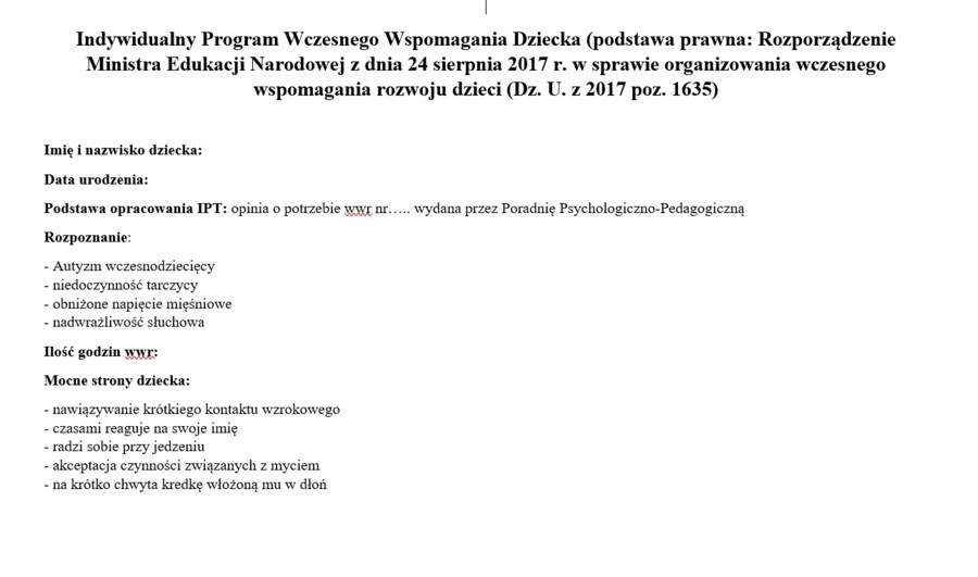 Indywidualny program Wczesnego Wspomagania Rozwoju Dziecka