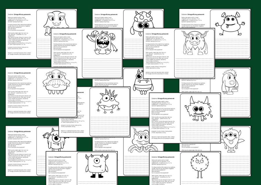 ORTOGRAFICZNY POTWOREK - karty pracy - karta pracy - zasady ortograficzne - ORTOGRAFIA - ćwiczenia redakcyjne - opis - 21 szt.