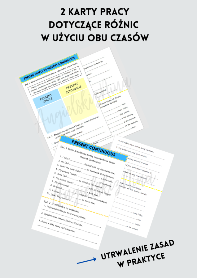 MEGA ZESTAW: Present Simple vs. Present Continuous - porównanie - czasy teraźniejsze - E8 - matura - wklejki = karty pracy - ćwiczenia - zadania - kartkówki - 3 zestawy speaking cards - mówienie - gry na Wordwall