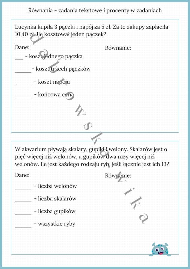 Równania - zadania tekstowe i procenty w zadaniach