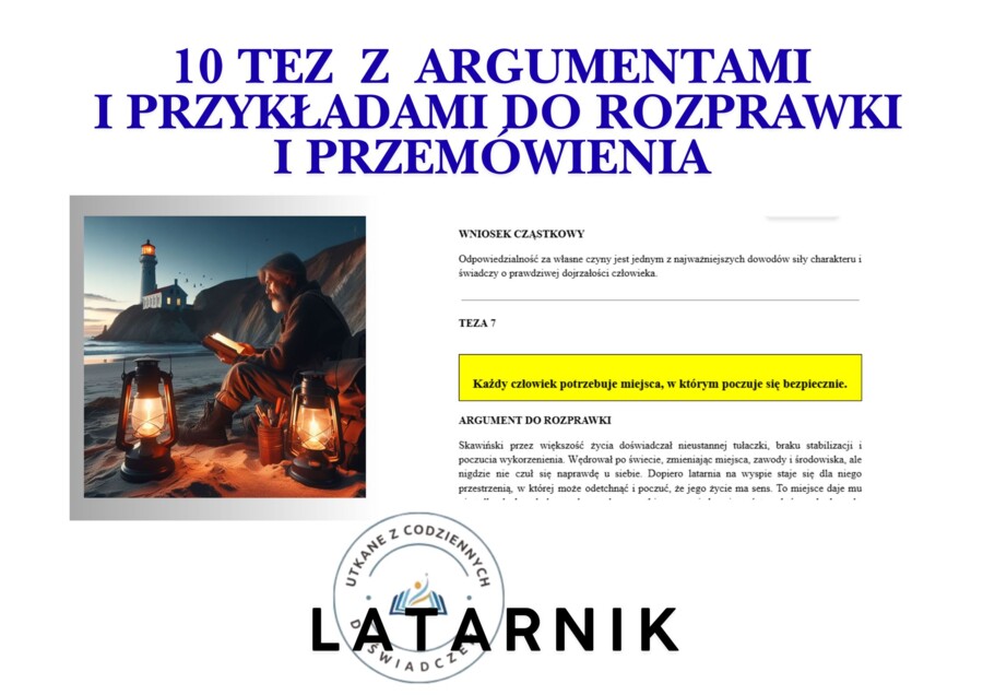 10 tez  z  argumentami i przykładami do rozprawki i przemówienia- ,,Latarnik"