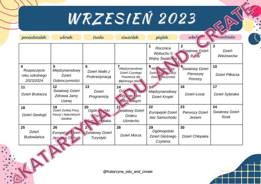 Kalendarz roku szkolnego 2023/2024 - święta - poziom