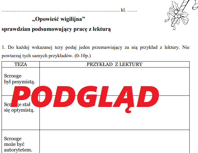 OPOWIEŚĆ WIGILIJNA sprawdzian podsumowujący, praca klasowa, egzamin ósmoklasisty