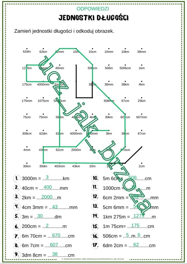Jednostki długości, kodowanie, karta pracy, klasa 4