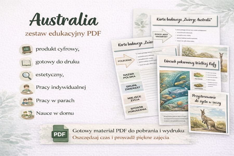 Karta badacza "Zwierzę Australii".  Łańcuch pokarmowy Wielkiej Rafy Koralowej.  Przystosowania do życia w suszy. [GEOGRAFIA]