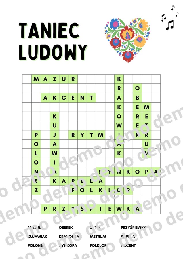 Muzyka, klasa 4-5. Taniec ludowy. Karta pracy: wykreślanka.