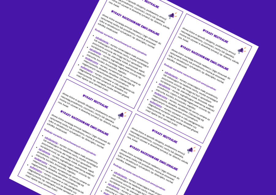 WYRAZY NEUTRALNE I NACECHOWANE EMOCJONALNIE - zdrobnienia - zgrubienia - eufemizmy - wulgaryzmy - wklejka - wklejki - egzamin
