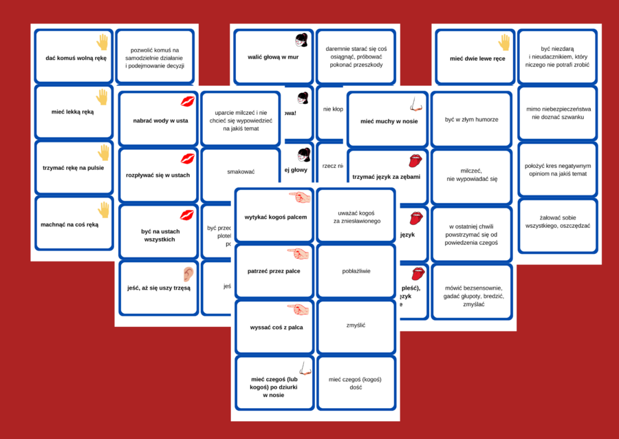 ZWIĄZKI FRAZEOLOGICZNE O CZĘŚCIACH CIAŁA – fiszki – kl. 4-8 – egzamin – powtórzenie- ćwiczenia - frazeologizmy