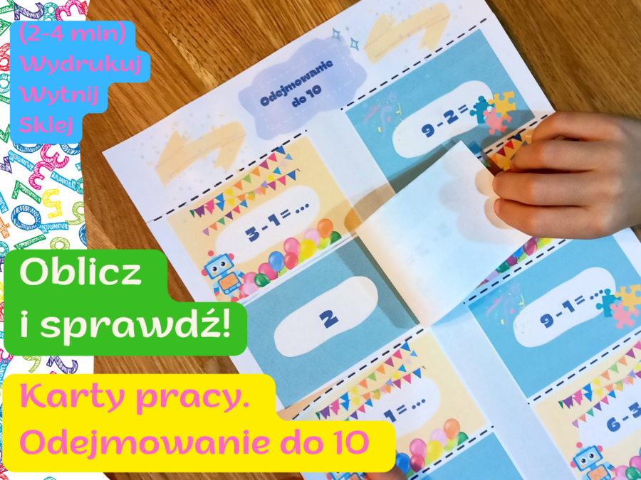 Oblicz i sprawdź! Odejmowanie do 10 do druku. Karty pracy do złożenia.