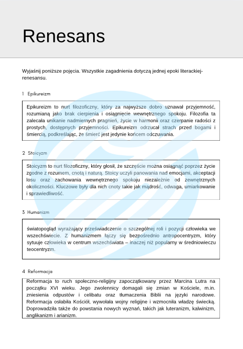 Renesans – Najważniejsze Zagadnienia – Karty Pracy dla Maturzystów