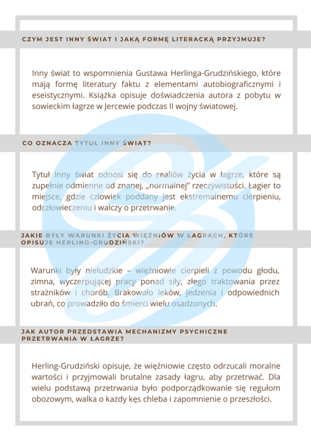 GUSTAW HERLING-GRUDZIŃSKI INNY ŚWIAT PYTANIA I ODPOWIEDZI DO LEKTURY MATURA