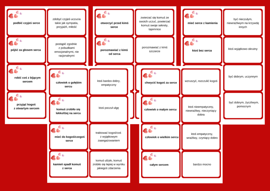 WALENTYNKI - ZWIĄZKI FRAZEOLOGICZNE ze słowem "SERCE"– 64 fiszki – kl. 4-8 – egzamin – powtórzenie- ćwiczenia - frazeologizmy - WALENTYNKI