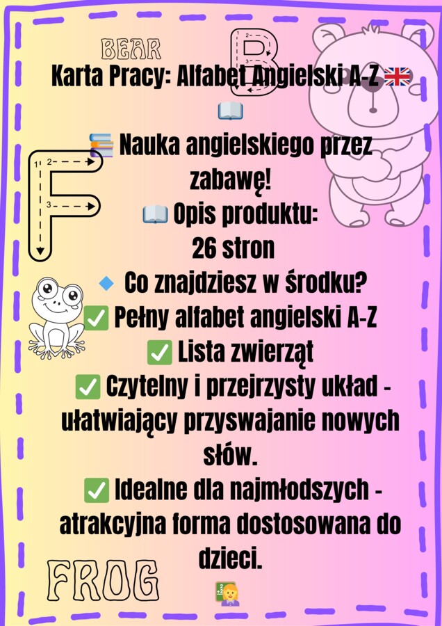 Angielski alfabet zwierzęta 26 stron